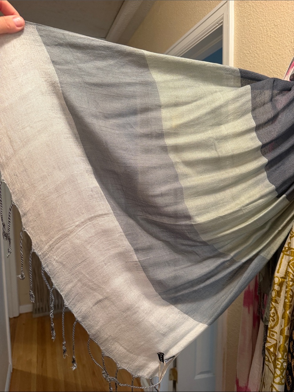 Trades of Hope brand- Lightweight Gradient Fringe Throw in blue, sage and white